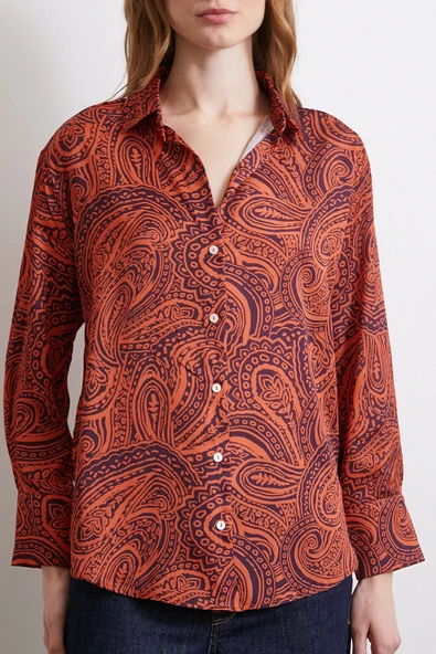 Desenli Gofret Saten Gömlek Turuncu - Resim 5