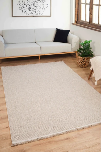 Loopy 5551 Bej Yumuşak Dokulu Bukle Modern Salon Mutfak Koridor Halısı Tozumaz Örgü Makine Halısı - 3