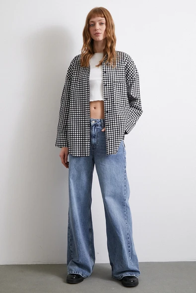 Pamuklu Ekose Gömlek Siyah - Resim 3