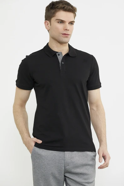 Detaylı Polo Yaka Kısa Kol Tişört - Siyah - Resim 2