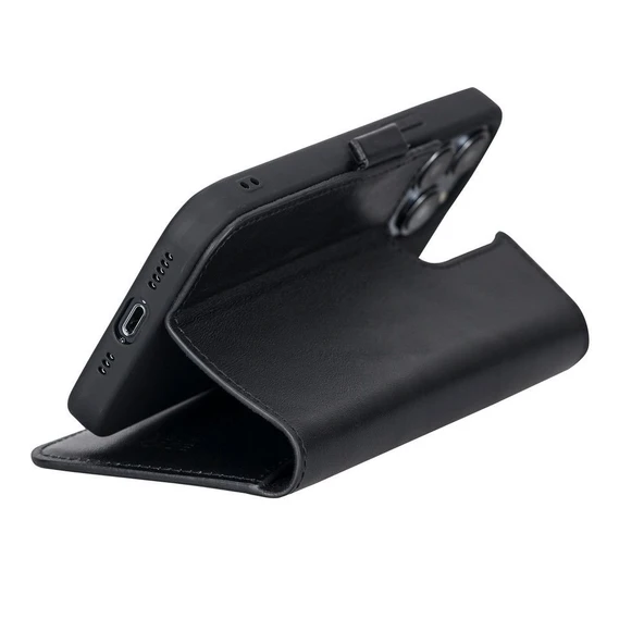 Apple iPhone 13 Pro Uyumlu Deri Cüzdanlı Kılıf Rustik Siyah - 5