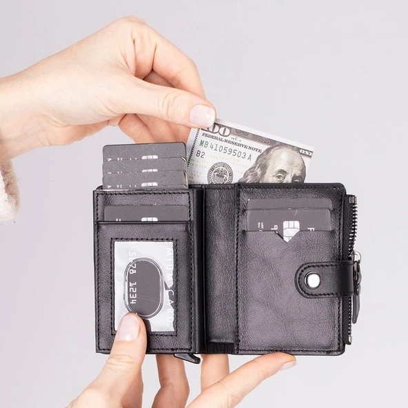 Rodos Hakiki Deri, El Yapımı, Pop-Up Kartlık Cüzdan, Parlak Siyah - 2