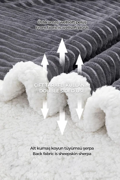 Sherpa Battaniye Çift Kişilik Çizgili Yumuşak Peluş Wellsoft Yatak Örtüsü - 3