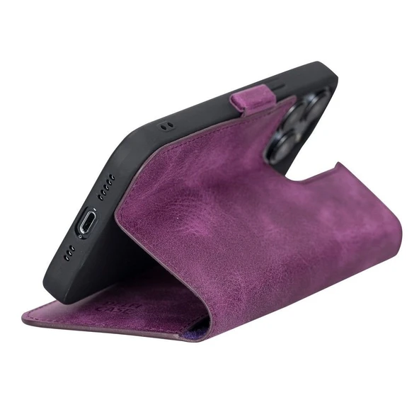 Apple iPhone 13 Pro Uyumlu Deri Cüzdanlı Kılıf Rustik Mor - 5