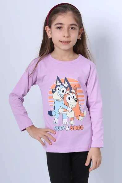 KIZ ÇOCUK UZUN KOL TSHİRT BLUEY İLE BİNGO BASKILI BİSİKLET YAKA D46 - Resim 6
