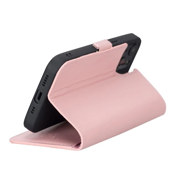 Apple iPhone 13 Uyumlu Deri Cüzdanlı Kılıf Toz Pembe - 5