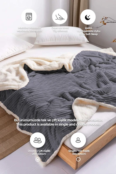 Sherpa Battaniye Çift Kişilik Çizgili Yumuşak Peluş Wellsoft Yatak Örtüsü - 2