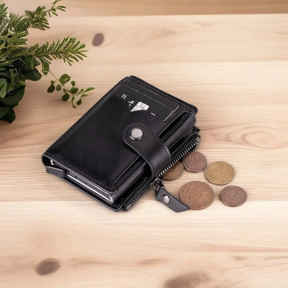 Rodos Hakiki Deri, El Yapımı, Pop-Up Kartlık Cüzdan, Parlak Siyah - 4