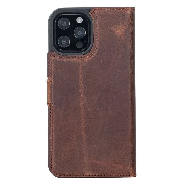 Apple iPhone 12 Pro Max Uyumlu Deri Cüzdanlı Kılıf Antik Kahve - 3