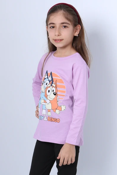 KIZ ÇOCUK UZUN KOL TSHİRT BLUEY İLE BİNGO BASKILI BİSİKLET YAKA D46 - Resim 8