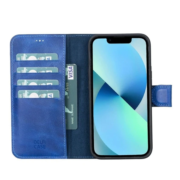 Apple iPhone 13 Pro Max Uyumlu Deri Cüzdanlı Kılıf Okyanus Mavi - 4