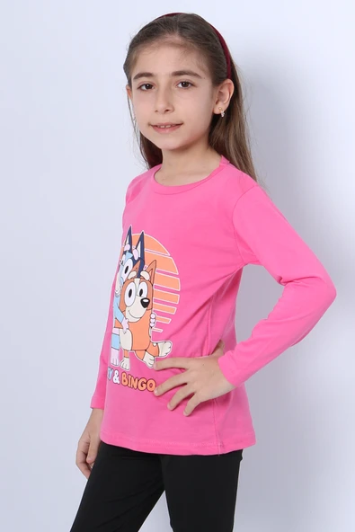 KIZ ÇOCUK UZUN KOL TSHİRT BLUEY İLE BİNGO BASKILI BİSİKLET YAKA D46 - Resim 12