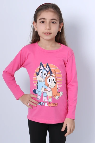 KIZ ÇOCUK UZUN KOL TSHİRT BLUEY İLE BİNGO BASKILI BİSİKLET YAKA D46 - Resim 11