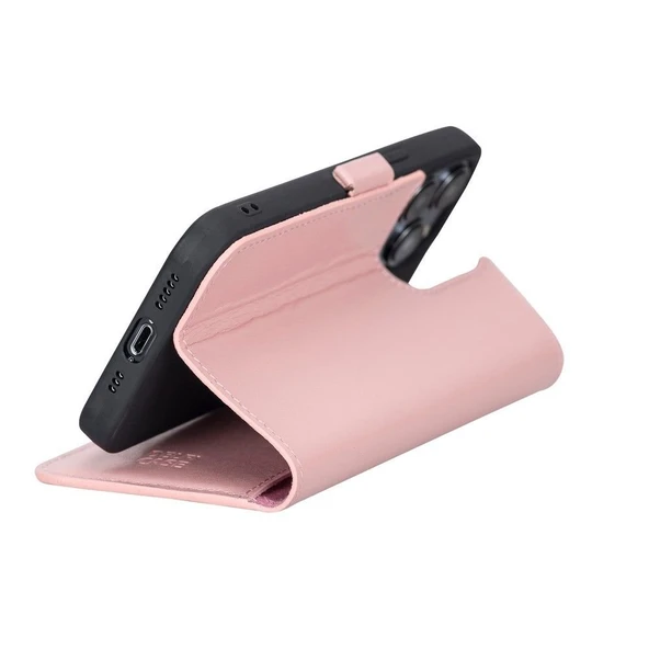 Apple iPhone 13 Pro Uyumlu Deri Cüzdanlı Kılıf Toz Pembe - 5