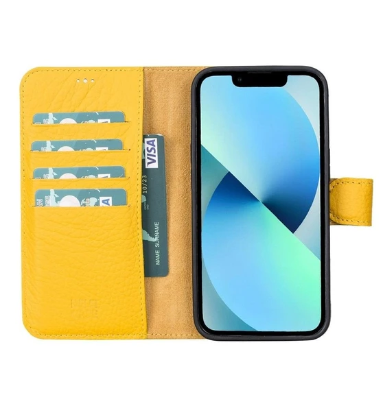 Apple iPhone 13 Pro Uyumlu Deri Cüzdanlı Kılıf Limon Sarı - 4