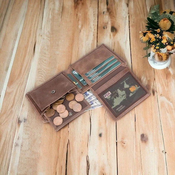 Deri Cüzdan, 6 Kart ve Bozuk Para Bölmeli, Karamel Kahve Deri - 3