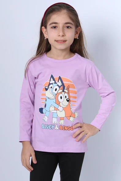 KIZ ÇOCUK UZUN KOL TSHİRT BLUEY İLE BİNGO BASKILI BİSİKLET YAKA D46 - Resim 7