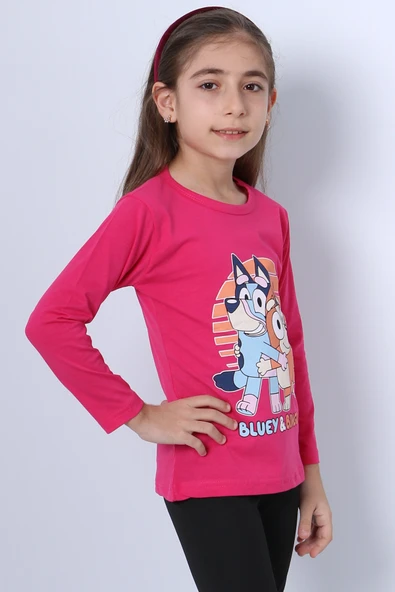 KIZ ÇOCUK UZUN KOL TSHİRT BLUEY İLE BİNGO BASKILI BİSİKLET YAKA D46 - Resim 3