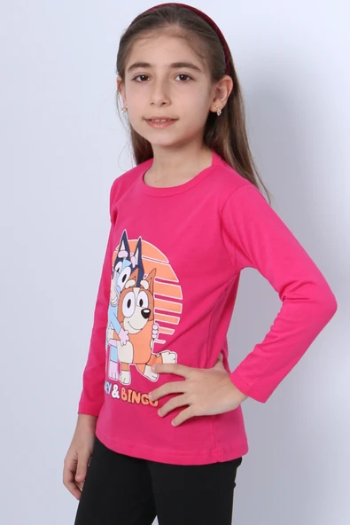KIZ ÇOCUK UZUN KOL TSHİRT BLUEY İLE BİNGO BASKILI BİSİKLET YAKA D46 - Resim 2