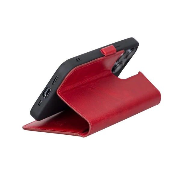 Apple iPhone 13 Pro Uyumlu Deri Cüzdanlı Kılıf Nar Çiçeği - 5