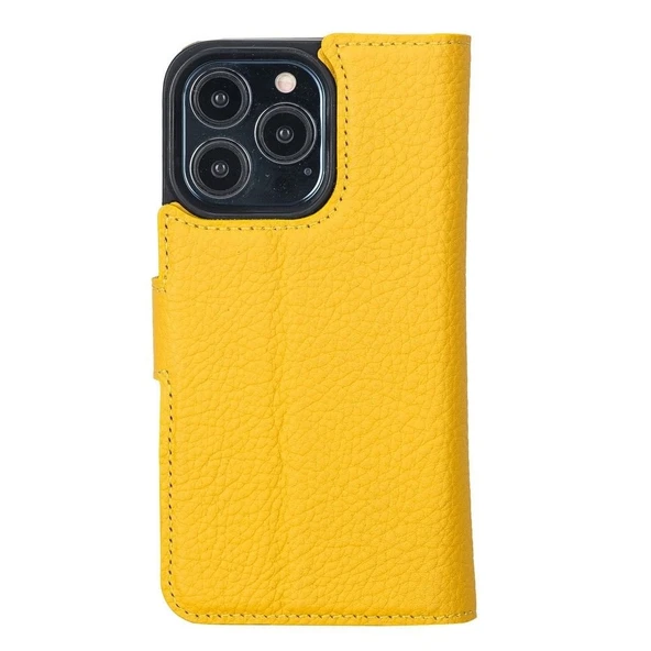 Apple iPhone 13 Pro Uyumlu Deri Cüzdanlı Kılıf Limon Sarı - 3
