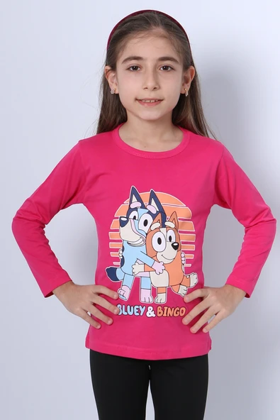 KIZ ÇOCUK UZUN KOL TSHİRT BLUEY İLE BİNGO BASKILI BİSİKLET YAKA D46 ürün görseli