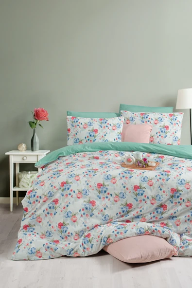 Lastikli Çarşaflı Tek Kişilik Nevresim Takımı Roseto-Yeşil