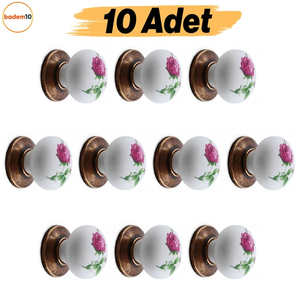Polimer Antik Sarı Düğme Kulp 10 ADET Gül Desenli Mobilya Mutfak Dolabı Çekmece Dolap Kulpu Kulbu