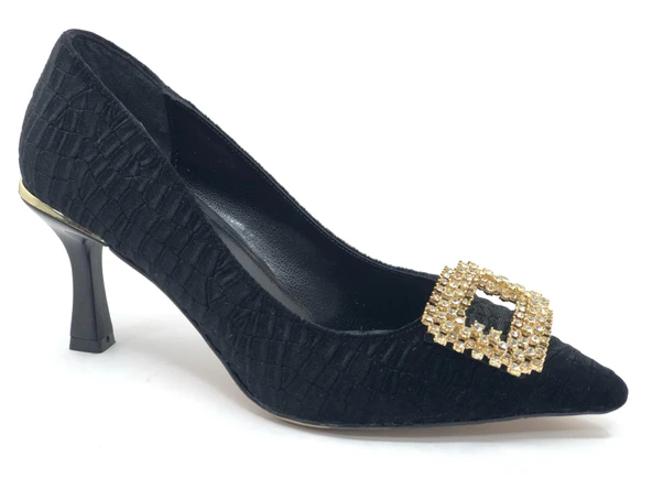 Feles Kadife Taş Toka Detaylı Stiletto Kadın Topuklu Ayakkabı - Resim 3