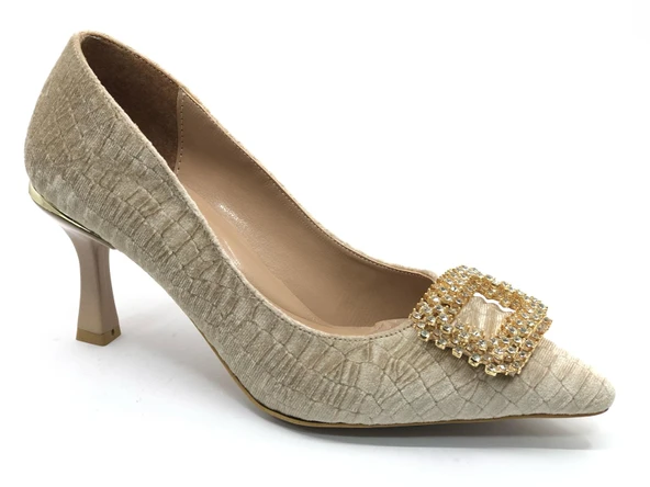 Feles Kadife Taş Toka Detaylı Stiletto Kadın Topuklu Ayakkabı - Resim 7