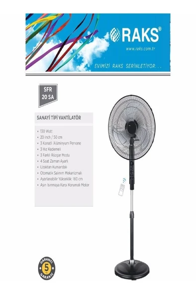 Raks SFR20SA Sanayi Tipi Uzaktan Kumandalı Ayaklı Vantilatör 130W - 2