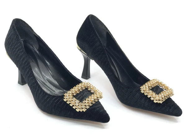 Feles Kadife Taş Toka Detaylı Stiletto Kadın Topuklu Ayakkabı - Resim 2