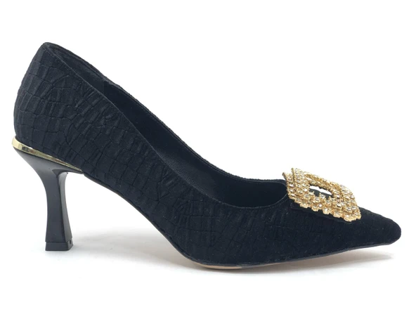 Feles Kadife Taş Toka Detaylı Stiletto Kadın Topuklu Ayakkabı - Resim 4