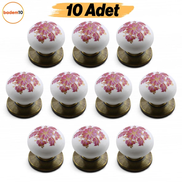 Polimer Antik Sarı 10 ADET Düğme Kulp Pembe Desenli Mobilya Mutfak Dolabı Çekmece Dolap Kulpu Kulbu