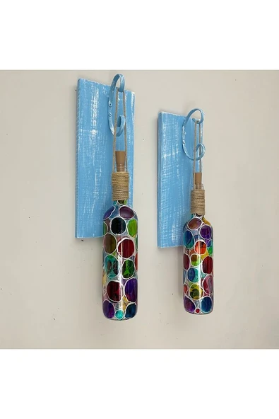 Ege Mavisi Ahşap Renkli, Ferforje Tıpa Peri Led Işıklı Vitray Cam Şarap Şişesi Duvar Aplik 2'li Set - 5