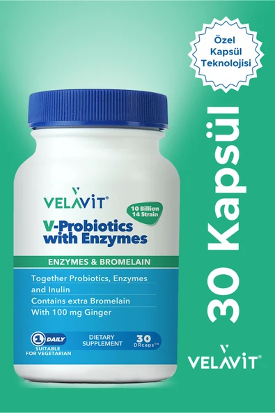 Velavit V-Probiotics with Enzymes Takviye Edici Gıda 30 Kapsül