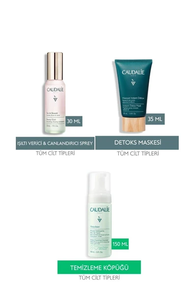 Caudalie Temiz Arınmış Işıltılı Günlük Bakım Seti | Elixir Sprey Kil Maskesi Temizleme Köpük 3 lü set