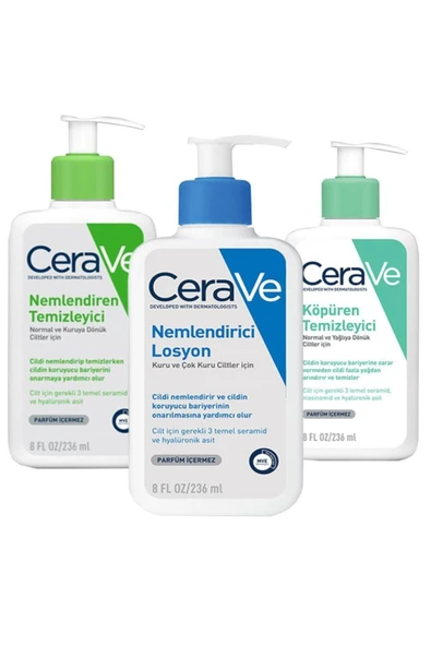 CeraVe Nemlendiren Temizleyici 236 Ml + Köpüren Temizleyici 236 Ml + Nemlendirici Losy