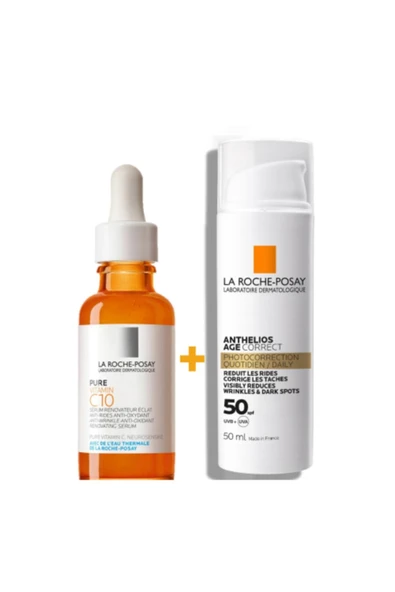La Roche Posay Uv Kaynaklı Lekeli Ciltler Için Bakım Seti | C Pure Serum - Age Correct Orijinal Boy
