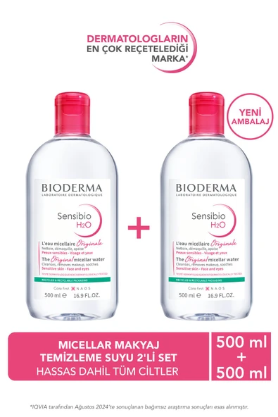Bioderma Sensibio H2O Micellar Makyaj Temizleme Suyu 2'li Set Hassas ve Tüm Ciltler Yüz ve Göz Çevresi 500 ml