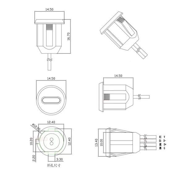Type C Panel Montaj Dişi Soket 4 Pin 15cm Kablolu Siyah  Uzatma USB 3.1 Konnektör Araba Kamera Oyuncak Telefon Şarj Mp3 Tablet - 8