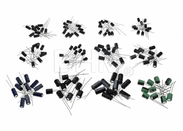 120 Adet Dip Elektrolitik Kapasitör Seti   12 Tip x10  1uF 2.2uF 3.3uF 4.7uF 10uF 22uF 33uF 47uF 100uF 220uF 330uF 470uF Silindirik Alüminyum Tamir Prototip Devre ürün görseli
