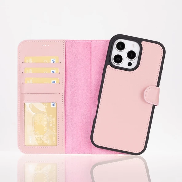 Apple iPhone 16 Pro uyumlu, Hakiki Deri, El Yapımı, Cüzdanlı Kılıf, Toz Pembe