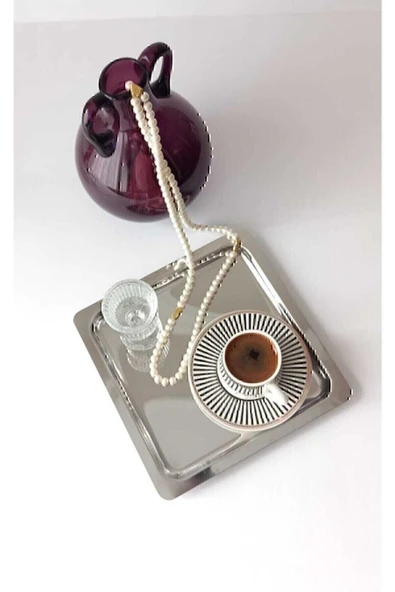 6'lı Lüx Kare Paslanmaz Çelik Gümüş Renk 21x21cm Kahve Servis Sunum Tepsisi&tabağı - Resim 5
