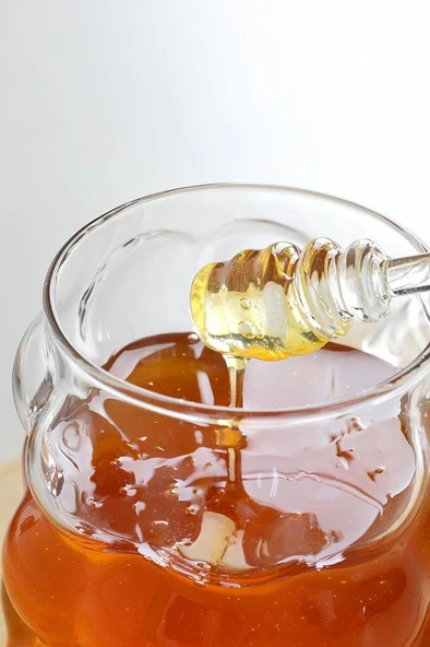 Kaşıklı Borosilikat Cam Bal Kavanozu - Kapaklı Boncuk Şekilli Reçellik Bal Reçel Kavanozu 400ml - 3