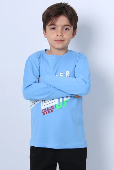 ERKEK ÇOCUK UZUN KOLLU TSHİRT NEVER GİVE UP BASKILI BİSİKLET YAKA D10 - 8