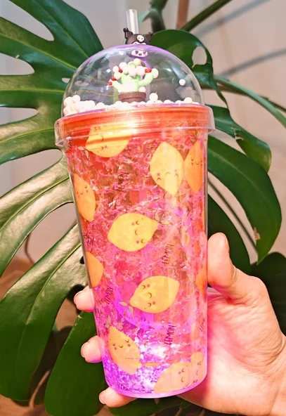 Sevimli Limon Temalı Suluk Pipetli Buzlu Cam Görünümlü Led Işıklı 450 ML Çift Katman Mika 2768 - 3