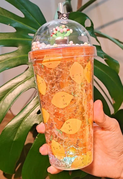 Sevimli Limon Temalı Suluk Pipetli Buzlu Cam Görünümlü Led Işıklı 450 ML Çift Katman Mika 2768 - 4