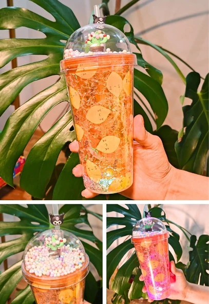 Sevimli Limon Temalı Suluk Pipetli Buzlu Cam Görünümlü Led Işıklı 450 ML Çift Katman Mika 2768 - 2