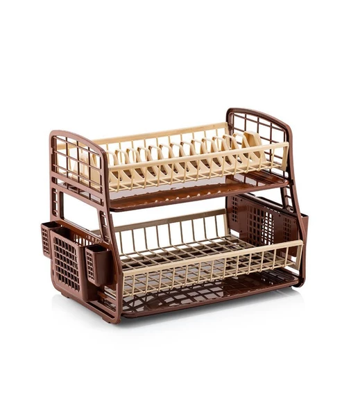 Omnipazar SY-5516 Plastik Smart Çift Katlı Bulaşık Kurutmalık Tabaklık Kahverengi